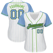 Load image into Gallery viewer, Custom White Light Blue Pinstripe Light Blue-Neon Green Authentic Raglan Sleeves Baseball Jersey
