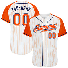 Load image into Gallery viewer, Custom White Orange Pinstripe Orange-Navy Authentic Raglan Sleeves Baseball Jersey

