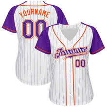 Load image into Gallery viewer, Custom White Purple Pinstripe Purple-Orange Authentic Raglan Sleeves Baseball Jersey
