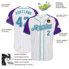 Load image into Gallery viewer, Custom White Purple Pinstripe Teal-Purple Authentic Raglan Sleeves Baseball Jersey
