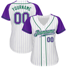 Load image into Gallery viewer, Custom White Purple Pinstripe Purple-Kelly Green Authentic Raglan Sleeves Baseball Jersey

