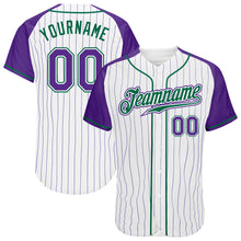 Load image into Gallery viewer, Custom White Purple Pinstripe Purple-Kelly Green Authentic Raglan Sleeves Baseball Jersey
