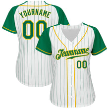 Load image into Gallery viewer, Custom White Kelly Green Pinstripe Kelly Green-Gold Authentic Raglan Sleeves Baseball Jersey
