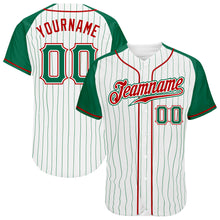 Load image into Gallery viewer, Custom White Kelly Green Pinstripe Kelly Green-Red Authentic Raglan Sleeves Baseball Jersey
