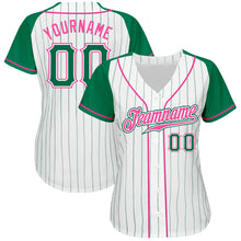 Load image into Gallery viewer, Custom White Kelly Green Pinstripe Kelly Green-Pink Authentic Raglan Sleeves Baseball Jersey
