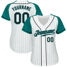 Load image into Gallery viewer, Custom White Aqua Pinstripe Black-Aqua Authentic Raglan Sleeves Baseball Jersey
