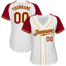 Load image into Gallery viewer, Custom White Crimson Pinstripe Crimson-Gold Authentic Raglan Sleeves Baseball Jersey
