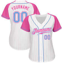 Load image into Gallery viewer, Custom White Pink Pinstripe Light Blue-Pink Authentic Raglan Sleeves Baseball Jersey
