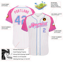Load image into Gallery viewer, Custom White Pink Pinstripe Light Blue-Pink Authentic Raglan Sleeves Baseball Jersey
