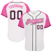 Load image into Gallery viewer, Custom White Pink Pinstripe Black-Pink Authentic Raglan Sleeves Baseball Jersey
