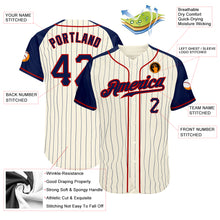 Load image into Gallery viewer, Custom Cream Navy Pinstripe Navy-Red Authentic Raglan Sleeves Baseball Jersey
