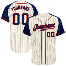 Load image into Gallery viewer, Custom Cream Navy Pinstripe Navy-Red Authentic Raglan Sleeves Baseball Jersey
