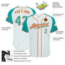 Load image into Gallery viewer, Custom White Aqua Pinstripe Aqua-Orange Authentic Raglan Sleeves Baseball Jersey
