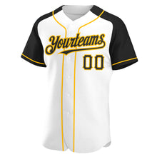 Load image into Gallery viewer, Custom White Black-Gold Authentic Raglan Sleeves Baseball Jersey
