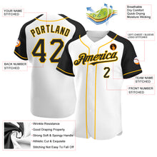 Load image into Gallery viewer, Custom White Black-Gold Authentic Raglan Sleeves Baseball Jersey
