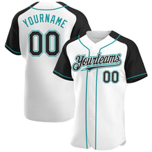 Load image into Gallery viewer, Custom White Black-Teal Authentic Raglan Sleeves Baseball Jersey
