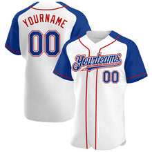 Load image into Gallery viewer, Custom White Royal-Red Authentic Raglan Sleeves Baseball Jersey
