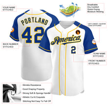 Load image into Gallery viewer, Custom White Royal-Yellow Authentic Raglan Sleeves Baseball Jersey
