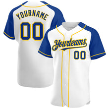 Load image into Gallery viewer, Custom White Royal-Yellow Authentic Raglan Sleeves Baseball Jersey
