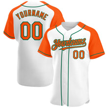 Load image into Gallery viewer, Custom White Orange-Kelly Green Authentic Raglan Sleeves Baseball Jersey

