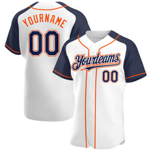 Load image into Gallery viewer, Custom White Navy-Orange Authentic Raglan Sleeves Baseball Jersey

