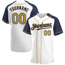 Load image into Gallery viewer, Custom White Old Gold-Navy Authentic Raglan Sleeves Baseball Jersey
