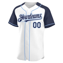 Load image into Gallery viewer, Custom White Navy-Light Blue Authentic Raglan Sleeves Baseball Jersey
