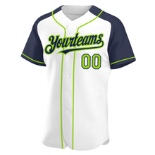 Load image into Gallery viewer, Custom White Neon Green-Navy Authentic Raglan Sleeves Baseball Jersey
