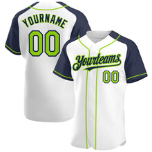 Load image into Gallery viewer, Custom White Neon Green-Navy Authentic Raglan Sleeves Baseball Jersey

