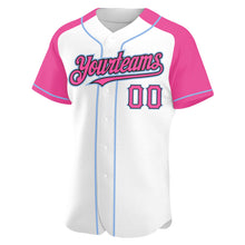 Load image into Gallery viewer, Custom White Pink Black-Light Blue Authentic Raglan Sleeves Baseball Jersey
