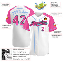 Load image into Gallery viewer, Custom White Pink Black-Light Blue Authentic Raglan Sleeves Baseball Jersey
