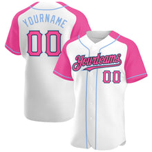 Load image into Gallery viewer, Custom White Pink Black-Light Blue Authentic Raglan Sleeves Baseball Jersey

