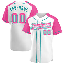 Load image into Gallery viewer, Custom White Pink-Teal Authentic Raglan Sleeves Baseball Jersey
