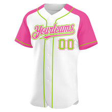 Load image into Gallery viewer, Custom White Neon Green-Pink Authentic Raglan Sleeves Baseball Jersey

