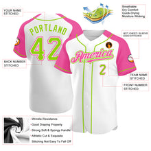 Load image into Gallery viewer, Custom White Neon Green-Pink Authentic Raglan Sleeves Baseball Jersey
