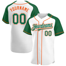 Load image into Gallery viewer, Custom White Kelly Green-Orange Authentic Raglan Sleeves Baseball Jersey
