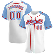 Load image into Gallery viewer, Custom White Light Blue-Red Authentic Raglan Sleeves Baseball Jersey
