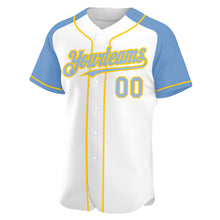 Load image into Gallery viewer, Custom White Light Blue-Yellow Authentic Raglan Sleeves Baseball Jersey
