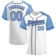 Load image into Gallery viewer, Custom White Light Blue-Navy Authentic Raglan Sleeves Baseball Jersey
