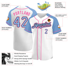 Load image into Gallery viewer, Custom White Light Blue Black-Pink Authentic Raglan Sleeves Baseball Jersey
