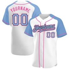 Load image into Gallery viewer, Custom White Light Blue Black-Pink Authentic Raglan Sleeves Baseball Jersey
