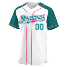 Load image into Gallery viewer, Custom White Teal-Pink Authentic Raglan Sleeves Baseball Jersey

