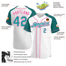 Load image into Gallery viewer, Custom White Teal-Pink Authentic Raglan Sleeves Baseball Jersey
