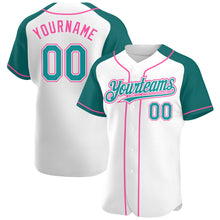 Load image into Gallery viewer, Custom White Teal-Pink Authentic Raglan Sleeves Baseball Jersey

