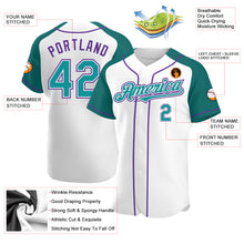 Load image into Gallery viewer, Custom White Teal-Purple Authentic Raglan Sleeves Baseball Jersey
