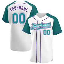 Load image into Gallery viewer, Custom White Teal-Purple Authentic Raglan Sleeves Baseball Jersey
