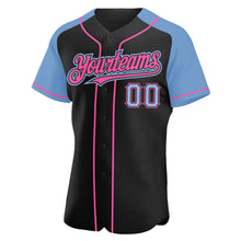 Load image into Gallery viewer, Custom Black Light Blue-Pink Authentic Raglan Sleeves Baseball Jersey
