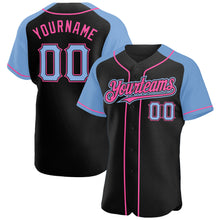 Load image into Gallery viewer, Custom Black Light Blue-Pink Authentic Raglan Sleeves Baseball Jersey
