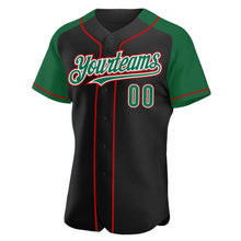 Load image into Gallery viewer, Custom Black Kelly Green-Red Authentic Raglan Sleeves Baseball Jersey
