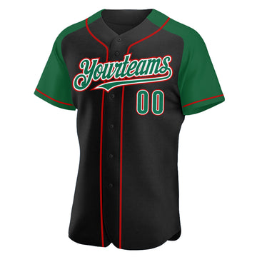 Custom Black Kelly Green-Red Authentic Raglan Sleeves Baseball Jersey